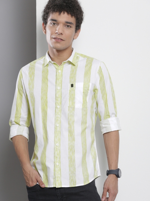 The Indian Garage Co Men White & Green Striped Pure Cotton Casual Shirt - Image 4