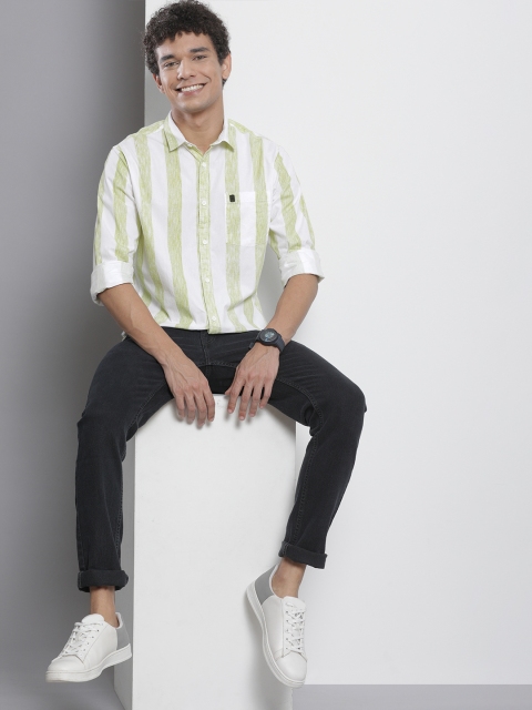 The Indian Garage Co Men White & Green Striped Pure Cotton Casual Shirt - Image 6