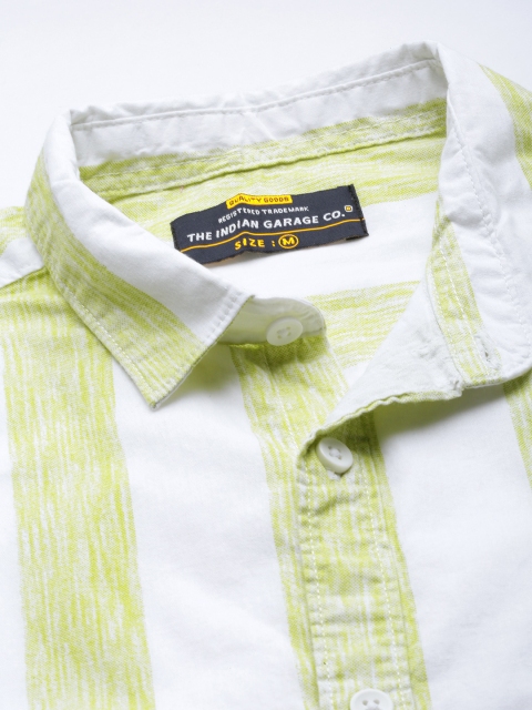 The Indian Garage Co Men White & Green Striped Pure Cotton Casual Shirt - Image 2
