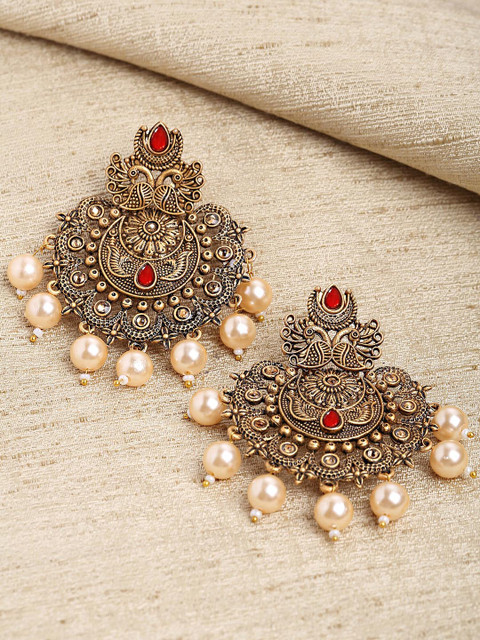 KARATCART Women Red Gold Plated Pearl & Kundan Classic Drop Earrings