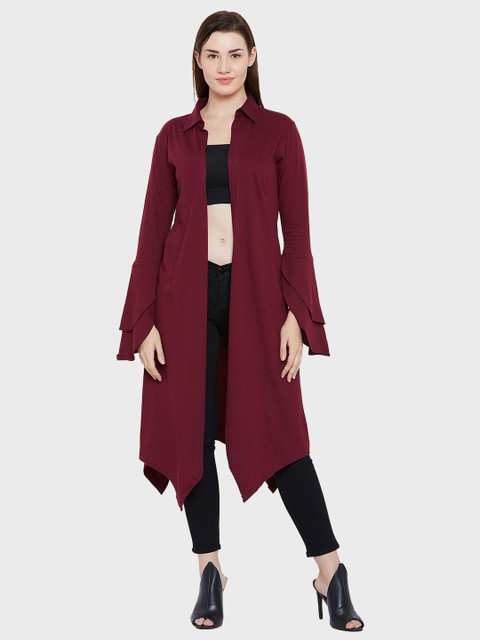 Hypernation Women Maroon Cotton Longline Shrug