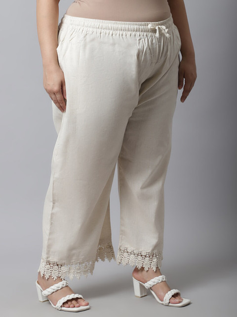 TAG 7 Women Plus Size Cream-Coloured Linen Ethnic Palazzos - Image 2