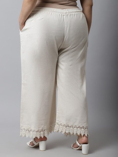 TAG 7 Women Plus Size Cream-Coloured Linen Ethnic Palazzos - Image 4