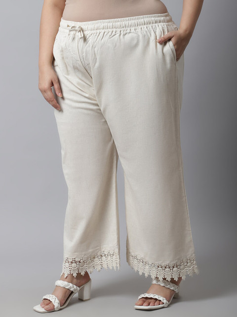 TAG 7 Women Plus Size Cream-Coloured Linen Ethnic Palazzos - Image 3