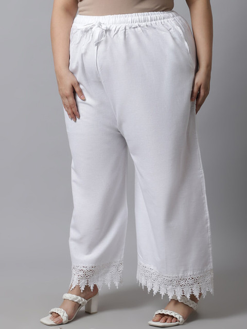 TAG 7 Women Plus Size White Solid Linen Ethnic Palazzos - Image 2