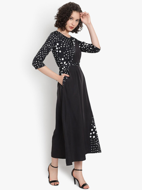 Indietoga Women Plus Size Black & White Polka Dot Printed Long Maxi Dress - Image 3