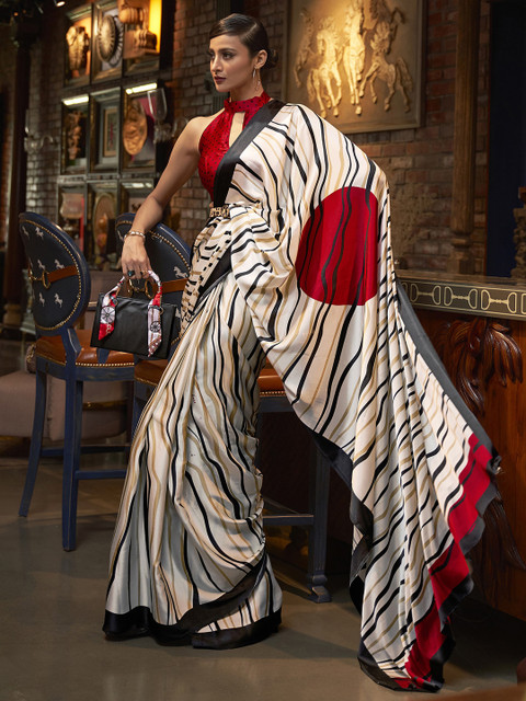 Mitera Off White & Red Printed Crepe Saree