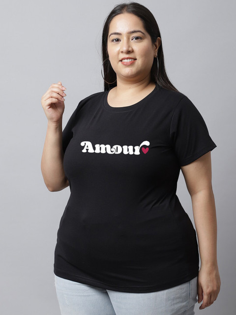 UnaOne Women Plus Size Typography Printed Regular Fit Cotton T-shirt - Image 3