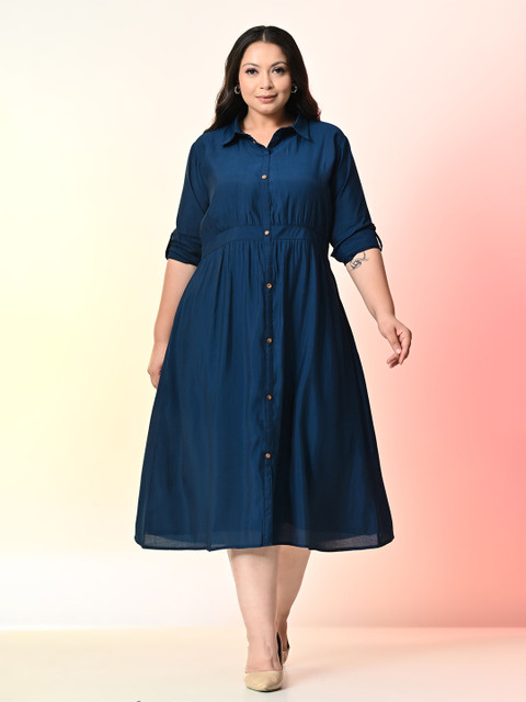 PrettyPlus by Desinoor.com Plus Size Roll-Up Sleeves Shirt Midi Dress