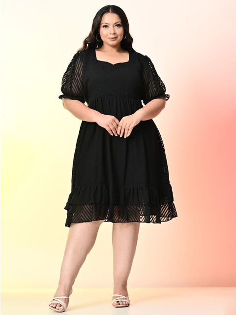 PrettyPlus by Desinoor.com Plus Size Chevron Printed Puff Sleeve Fit & Flare Dress