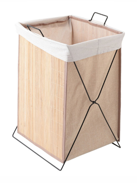 USHA SHRIRAM Brown & White Bamboo Laundry Basket With Lid 72 L - Image 2