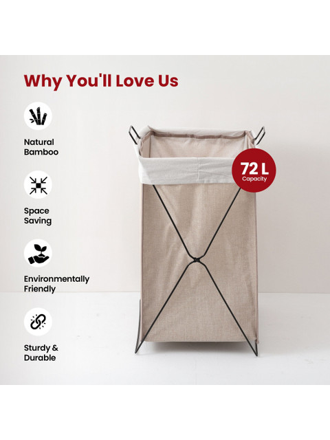 USHA SHRIRAM Brown & White Bamboo Laundry Basket With Lid 72 L - Image 3