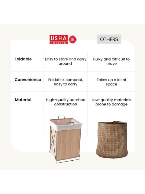 USHA SHRIRAM Brown & White Bamboo Laundry Basket With Lid 72 L - Image 6