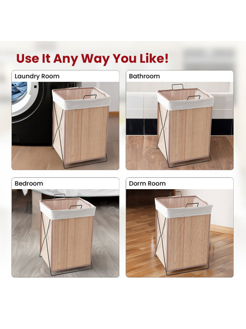 USHA SHRIRAM Brown & White Bamboo Laundry Basket With Lid 72 L - Image 4