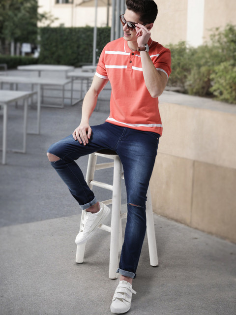 Mast Harbour Men Coral Pink Striped Polo Collar Cotton T-shirt