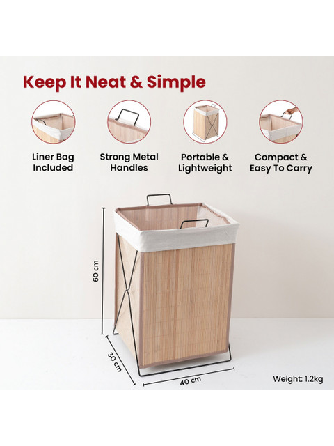 USHA SHRIRAM Brown & White Bamboo Laundry Basket With Lid 72 L - Image 5