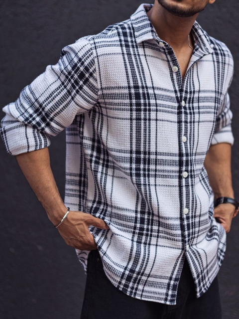 Powerlook Men Spread Collar Tartan Checked Cotton Canvas Casual Shirt - Image 2