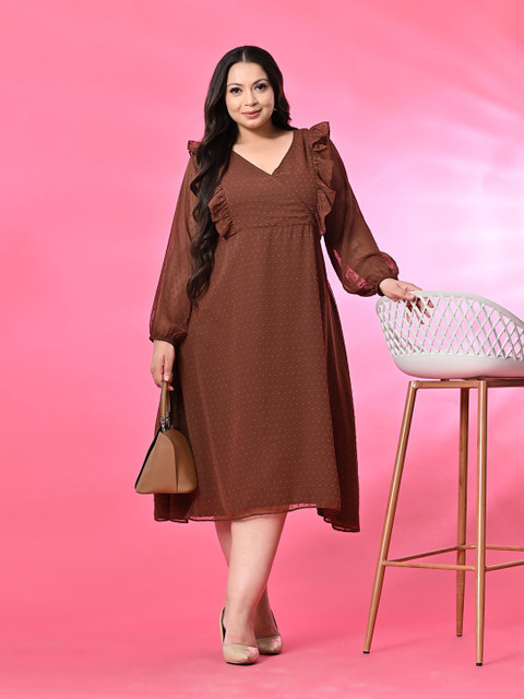 PrettyPlus by Desinoor.com Plus Size Puff Sleeve Ruffles Fit & Flare Midi Dress