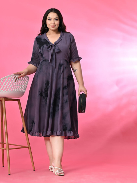 PrettyPlus by Desinoor.com Plus Size Tie and Dye Tie-Up Neck A-Line Dress
