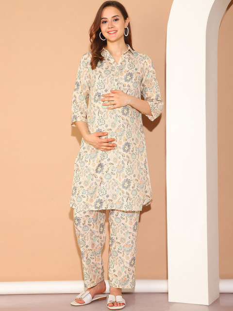 Moms Maternity Floral Printed Shirt Collar Maternity Straight Kurta With Trousers