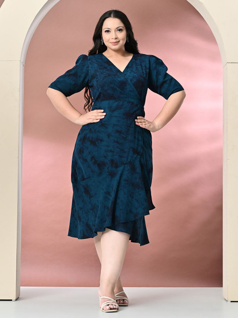 PrettyPlus by Desinoor.com Plus Size Tie and Dye Puff Sleeve Wrap Midi Dress
