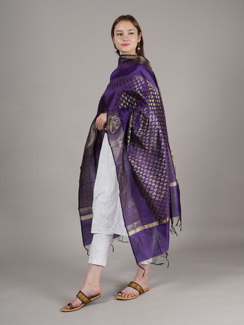 MUFFLY Ethnic Motifs Woven Design Dupatta with Zari - Image 7