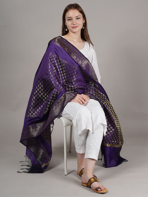 MUFFLY Ethnic Motifs Woven Design Dupatta with Zari - Image 5