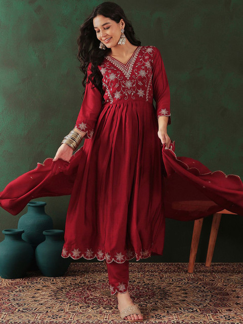 Sangria Maroon Floral Embroidered Sequinned Anarkali Kurta With Trouser & Dupatta - Image 5