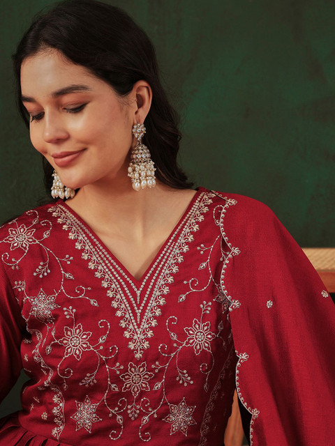 Sangria Maroon Floral Embroidered Sequinned Anarkali Kurta With Trouser & Dupatta - Image 2