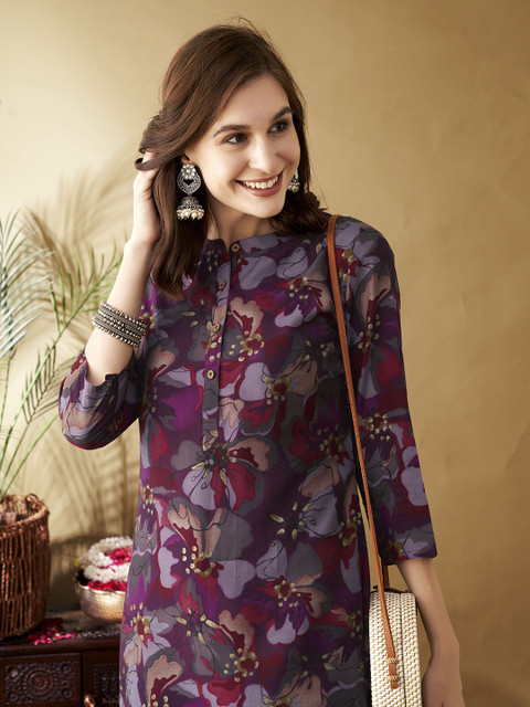 Anouk Floral Printed Band Collar Chanderi Silk Straight Kurta
