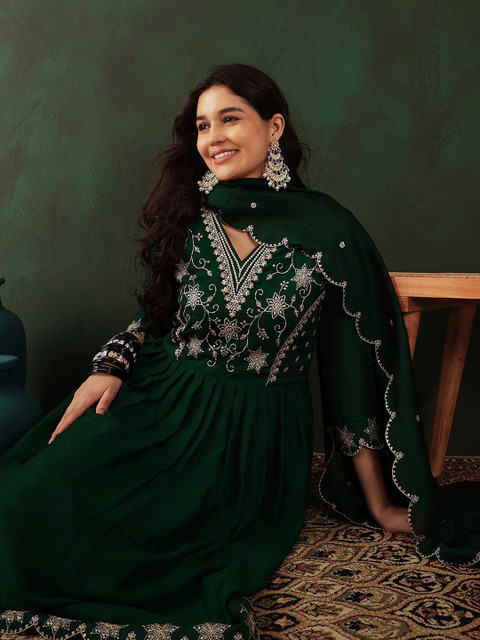 Sangria Green Floral Embroidered V Neck Anarkali Kurta With Trouser & Dupatta