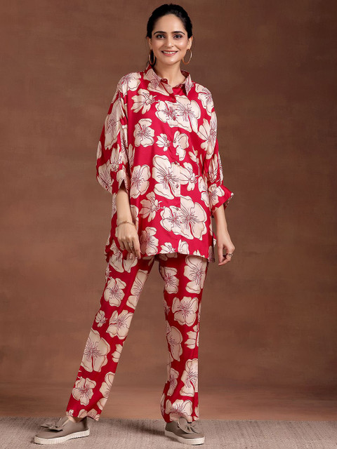 Libas Floral Printed Pleated Shirt & Trousers