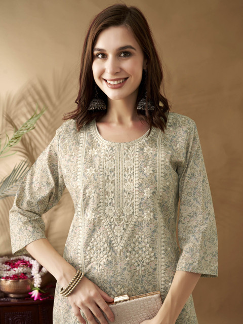 Anouk Cream-Coloured Ethnic Motifs Embroidered Round Neck Thread Work Chanderi Silk Kurta
