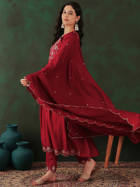 Sangria Maroon Floral Embroidered Sequinned Anarkali Kurta With Trouser & Dupatta - Image 6