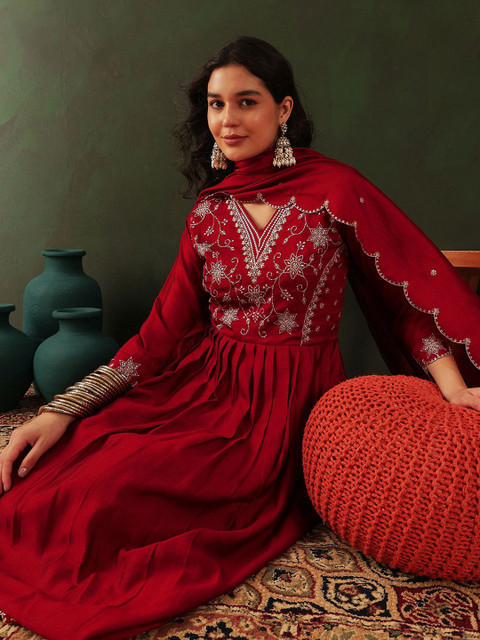 Sangria Maroon Floral Embroidered Sequinned Anarkali Kurta With Trouser & Dupatta