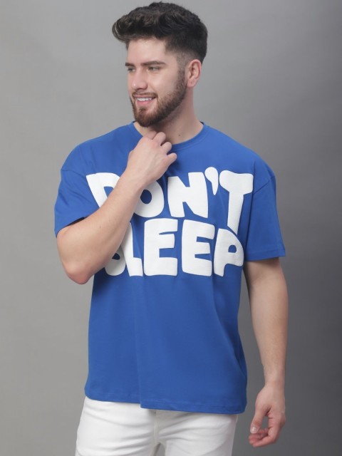 DOOR74 Men Typography Printed Round Neck Cotton Oversized T-shirt