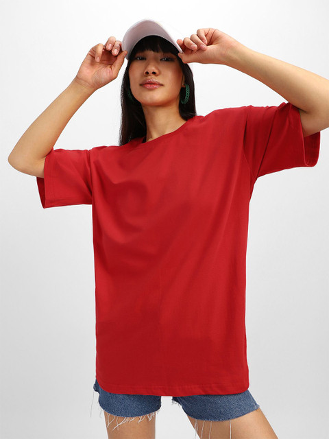 JUNEBERRY Women Red Solid Round Neck Relaxed Fit Pure Cotton Oversized Plus Size T-Shirt