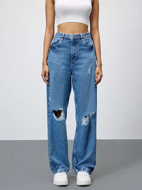 FREAKINS Women Straight Fit High-Rise Highly Distress Cotton Jeans