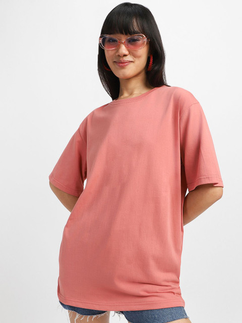 JUNEBERRY Women Peach Solid Round Neck Relaxed Fit Pure Cotton Oversized Plus Size T-Shirt