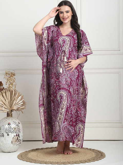 Secret Wish Women's Ethnic Motifs Printed Maxi Maternity Nightdress