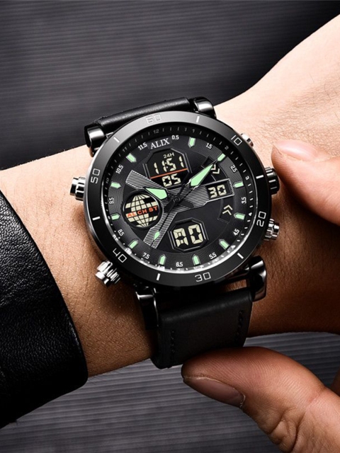ALIX Men Brass Patterned Dial & Leather Straps Analogue and Digital Multi Function Watch AL3042 BLACK - Image 7