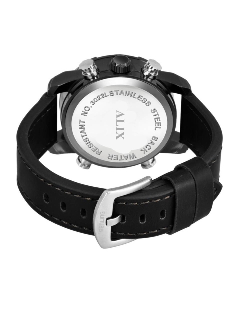 ALIX Men Brass Patterned Dial & Leather Straps Analogue and Digital Multi Function Watch AL3042 BLACK - Image 5