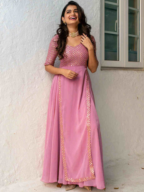 KALINI Embroidered maxi Ethnic motifs Georgette Fit and Flare Dresses