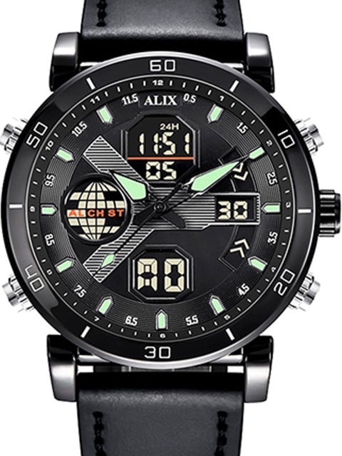 ALIX Men Brass Patterned Dial & Leather Straps Analogue and Digital Multi Function Watch AL3042 BLACK - Image 6