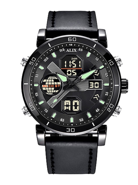 ALIX Men Brass Patterned Dial & Leather Straps Analogue and Digital Multi Function Watch AL3042 BLACK - Image 4