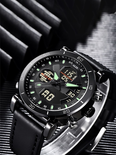 ALIX Men Brass Patterned Dial & Leather Straps Analogue and Digital Multi Function Watch AL3042 BLACK - Image 3