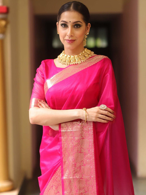 LeeliPeeri Designer Solid Woven Design Zari Organza Saree - Image 3