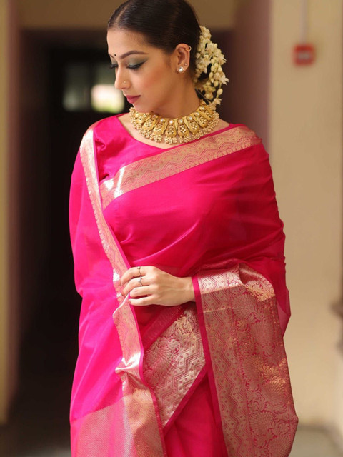 LeeliPeeri Designer Solid Woven Design Zari Organza Saree - Image 4