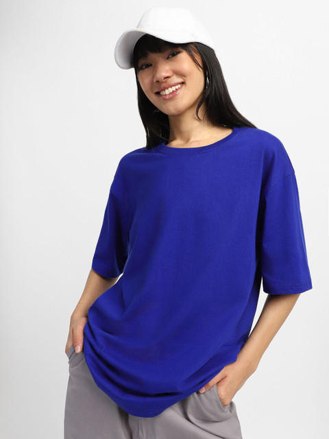 JUNEBERRY Women Royal Blue Solid Relaxed Fit Pure Cotton Oversized Plus Size T-Shirt