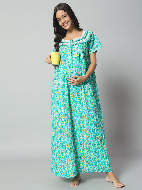 SEPHANI Women Maternity Printed Maxi Pure Cotton Nightdress